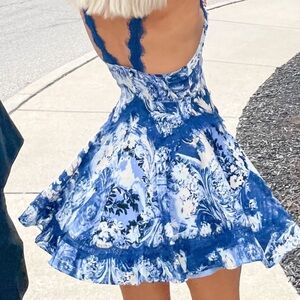 Urban Outfitters Blue Watercolor Floral Lace Trimmed Mini Dress